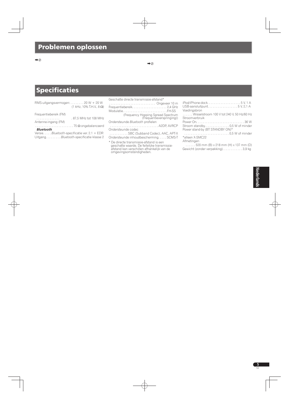 Problemen oplossen, Specifi caties | Pioneer X-SMC22-S User Manual | Page 25 / 32