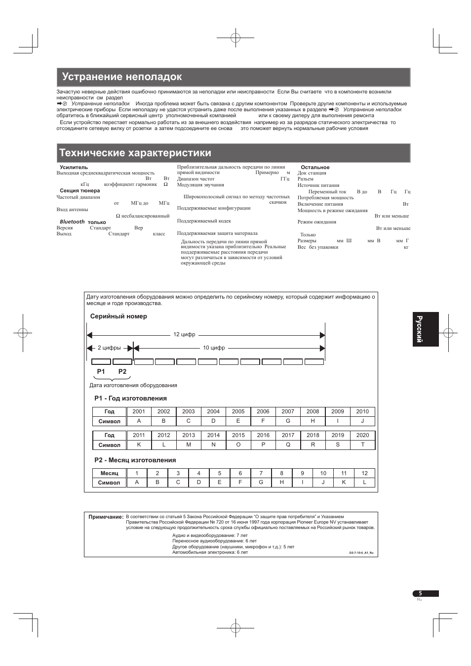 Устранение неполадок, Технические характеристики | Pioneer X-SMC22-S User Manual | Page 29 / 32
