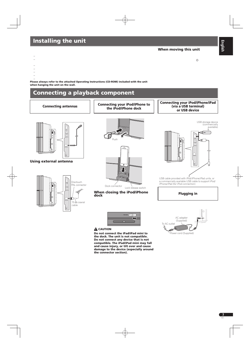 Connecting antennas, Using external antenna, When closing the ipod/iphone dock | When moving this unit | Pioneer X-SMC22-S User Manual | Page 3 / 32