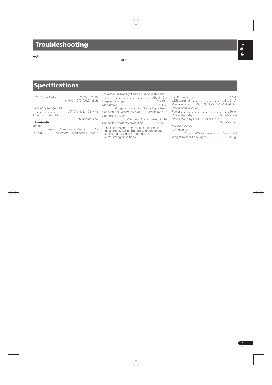 Troubleshooting, Specifi cations | Pioneer X-SMC22-S User Manual | Page 5 / 32