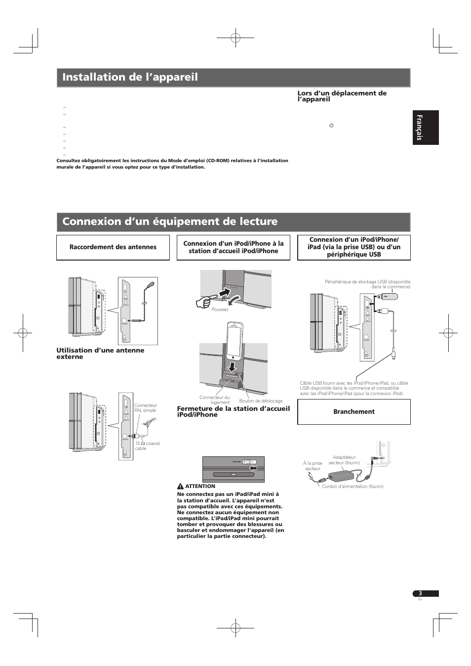 Raccordement des antennes, Utilisation d’une antenne externe, Fermeture de la station d’accueil ipod/iphone | Lors d’un déplacement de l’appareil | Pioneer X-SMC22-S User Manual | Page 7 / 32