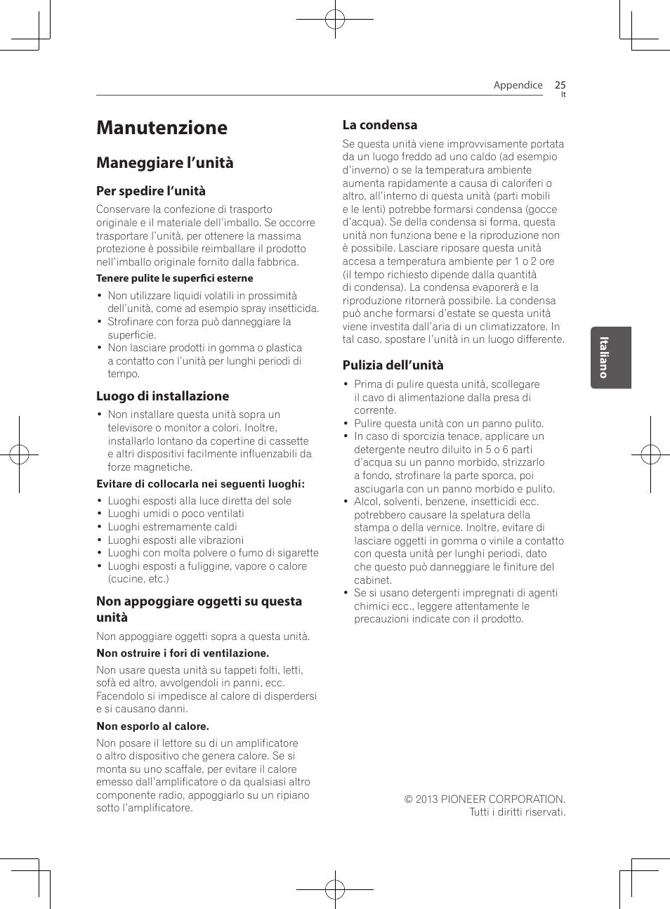 25 manutenzione 25, Maneggiare l’unità, Manutenzione | Pioneer SBX-300 User Manual | Page 101 / 180