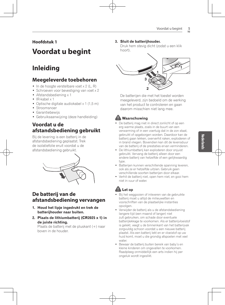 Voordat u begint, 5 inleiding 5, Meegeleverde toebehoren | Voordat u de afstandsbediening gebruikt, De batterij van de afstandsbediening, Vervangen, Inleiding, De batterij van de afstandsbediening vervangen | Pioneer SBX-300 User Manual | Page 105 / 180