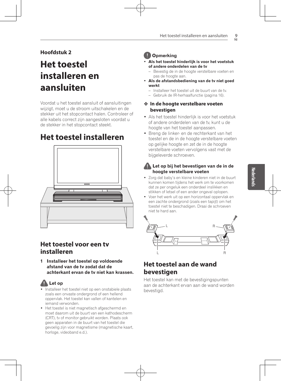 Het toestel installeren en aansluiten, Het toestel installeren, Het toestel voor een tv installeren | Het toestel aan de wand bevestigen | Pioneer SBX-300 User Manual | Page 109 / 180