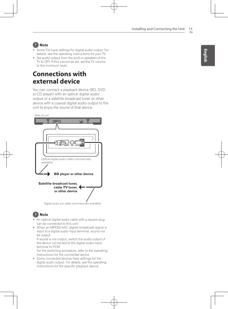 Connections with external device, English | Pioneer SBX-300 User Manual | Page 11 / 180