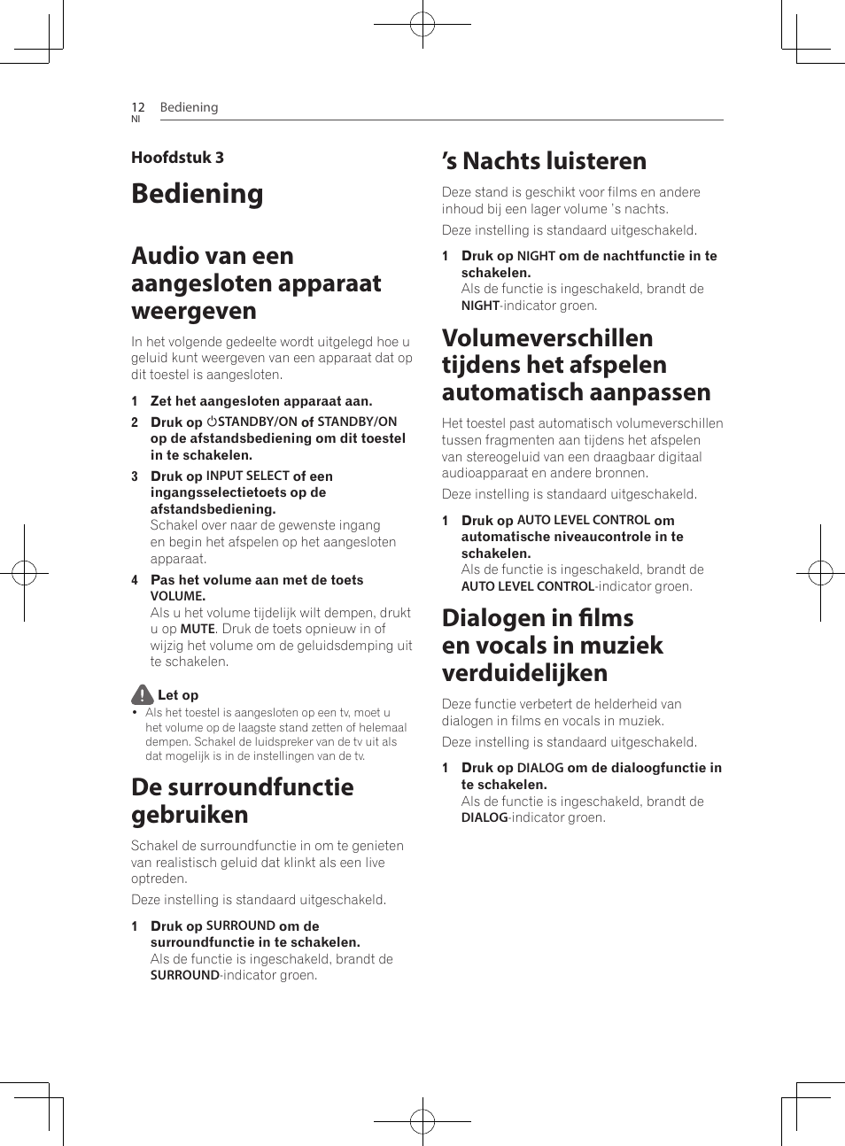 Bediening, Audio van een aangesloten apparaat weergeven, De surroundfunctie gebruiken | S nachts luisteren | Pioneer SBX-300 User Manual | Page 112 / 180