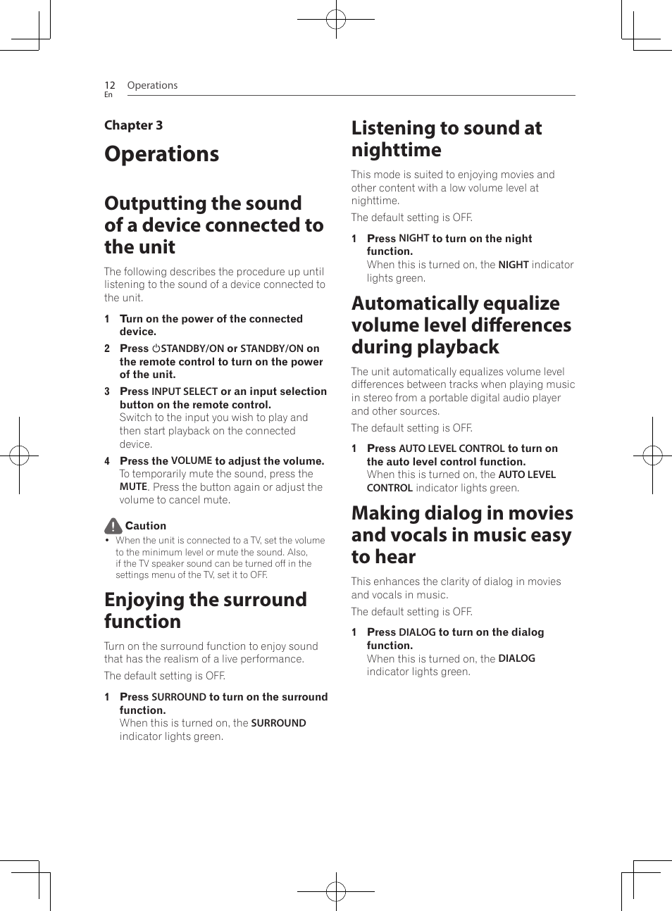 Operations, Enjoying the surround function, Listening to sound at nighttime | Pioneer SBX-300 User Manual | Page 12 / 180