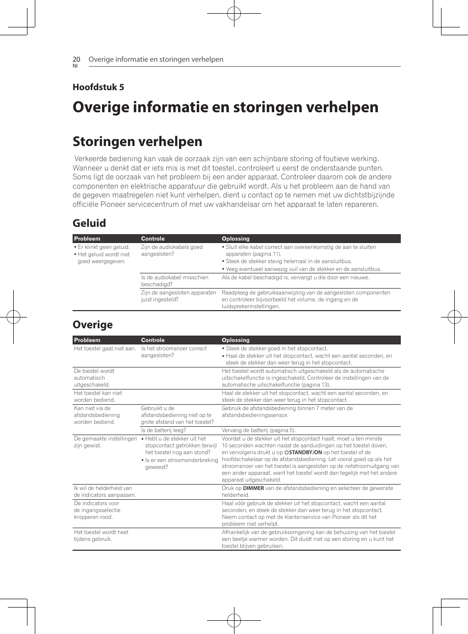 Overige informatie en storingen, Verhelpen, Storingen verhelpen | Geluid, Overige, Overige informatie en storingen verhelpen, Hoofdstuk 5 | Pioneer SBX-300 User Manual | Page 120 / 180