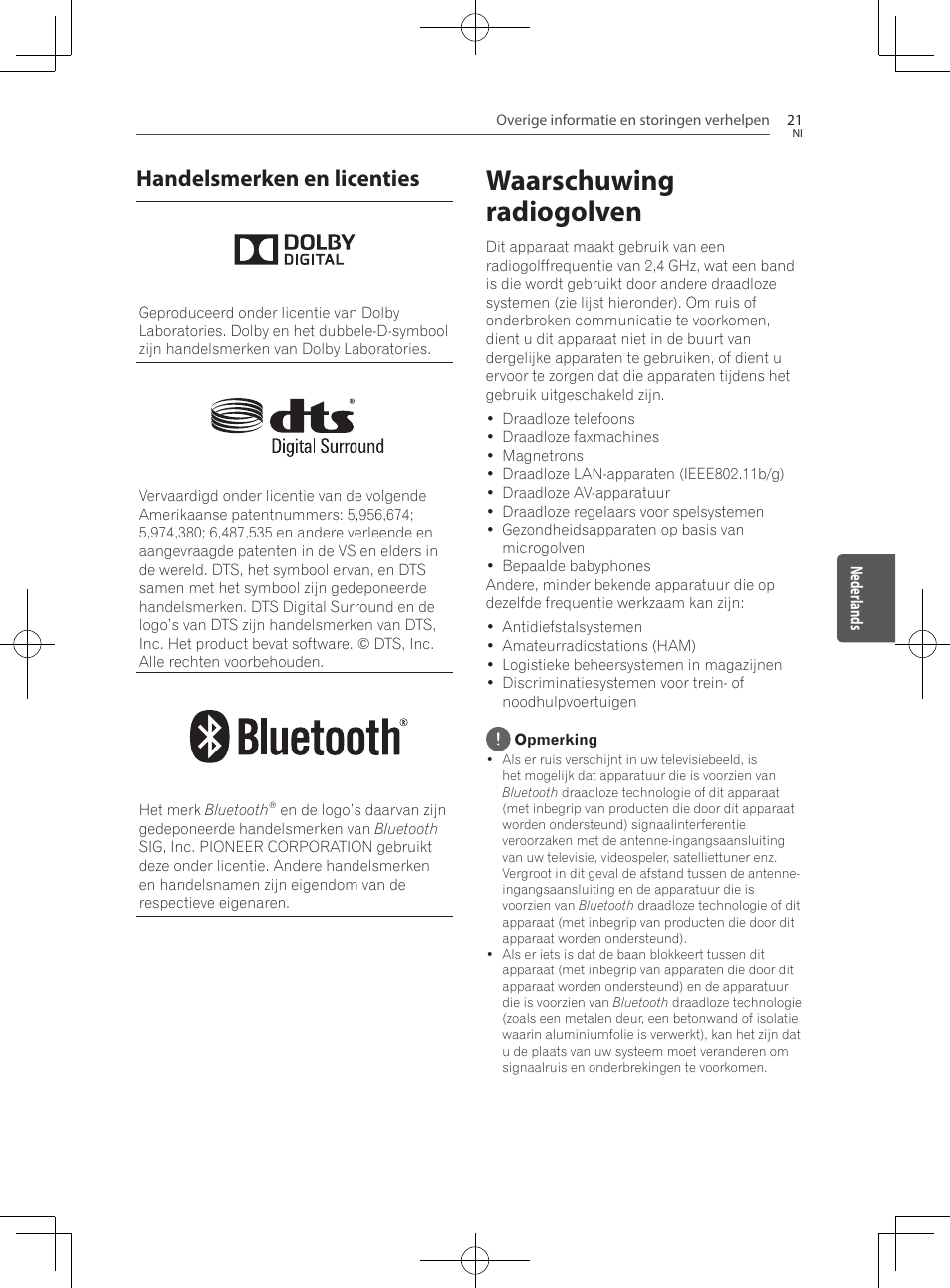 Handelsmerken en licenties, Waarschuwing radiogolven | Pioneer SBX-300 User Manual | Page 121 / 180