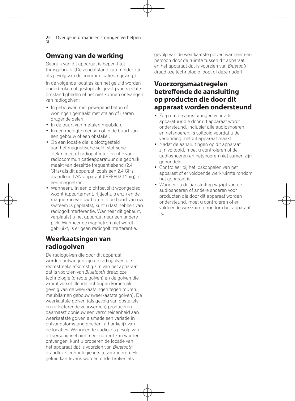 Omvang van de werking, Weerkaatsingen van radiogolven, Voorzorgsmaatregelen betreffende de | Pioneer SBX-300 User Manual | Page 122 / 180