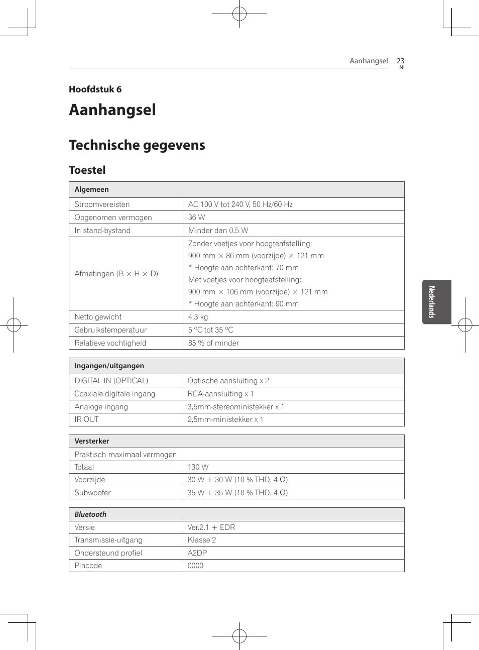 Aanhangsel, Technische gegevens, Toestel | Pioneer SBX-300 User Manual | Page 123 / 180