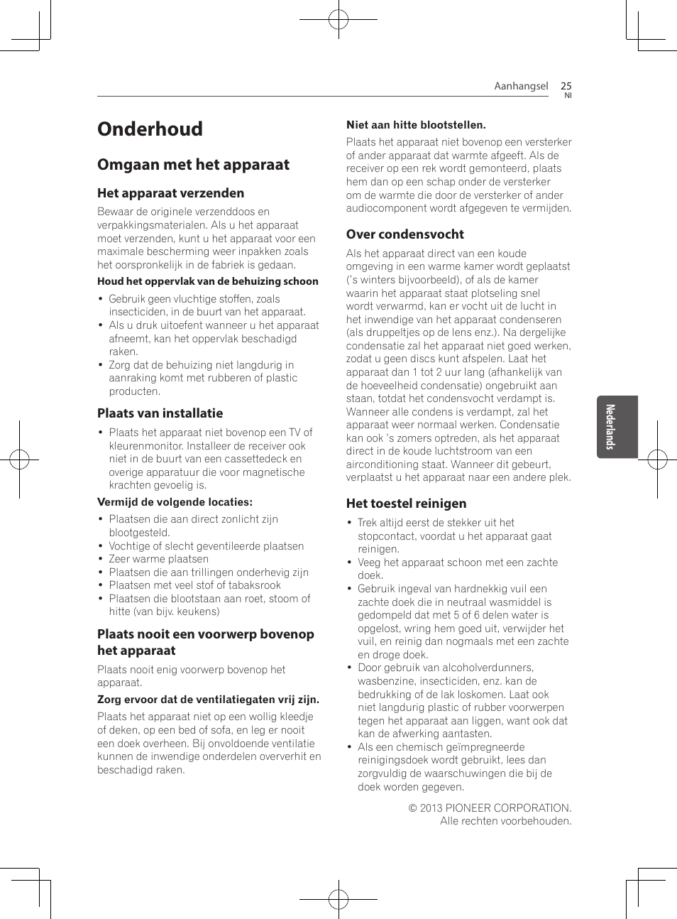 25 onderhoud 25, Omgaan met het apparaat, Onderhoud | Pioneer SBX-300 User Manual | Page 125 / 180