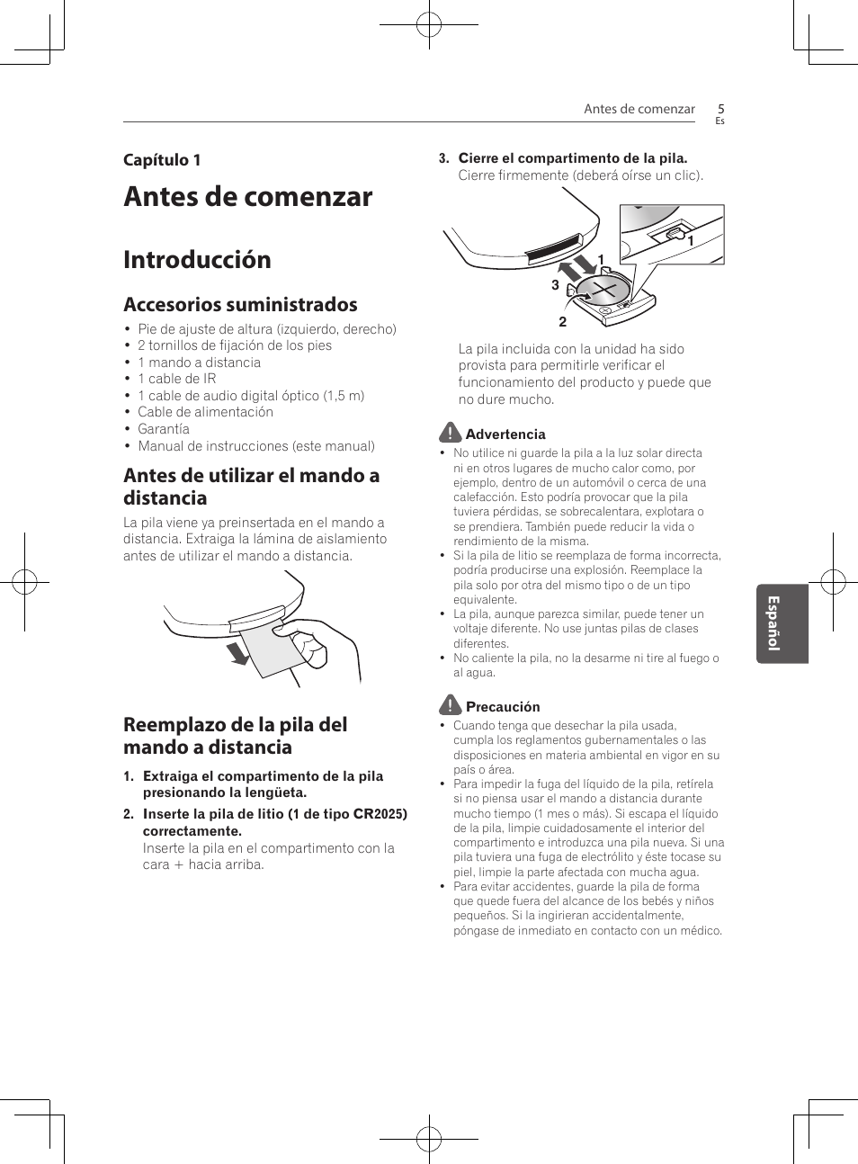 Antes de comenzar, 5 introducción 5, Accesorios suministrados | Antes de utilizar el mando a distancia, Reemplazo de la pila del mando a distancia, Introducción | Pioneer SBX-300 User Manual | Page 129 / 180