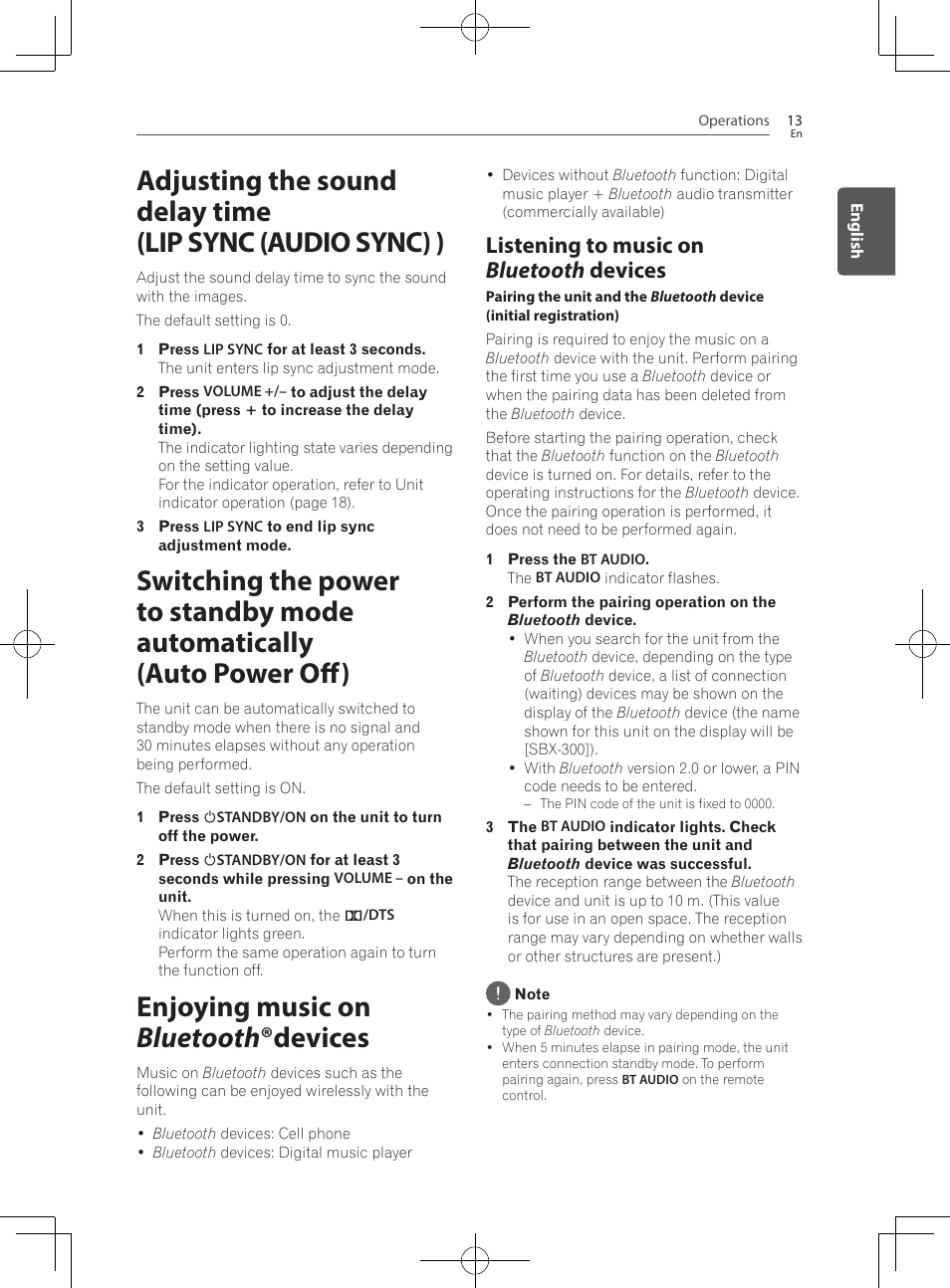 Enjoying music on bluetooth ®devices, Listening to music on bluetooth devices | Pioneer SBX-300 User Manual | Page 13 / 180