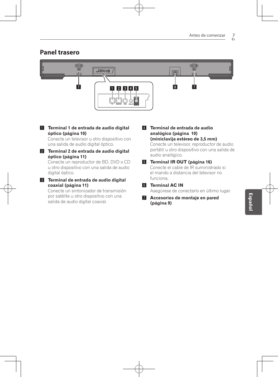 Panel trasero, Español | Pioneer SBX-300 User Manual | Page 131 / 180