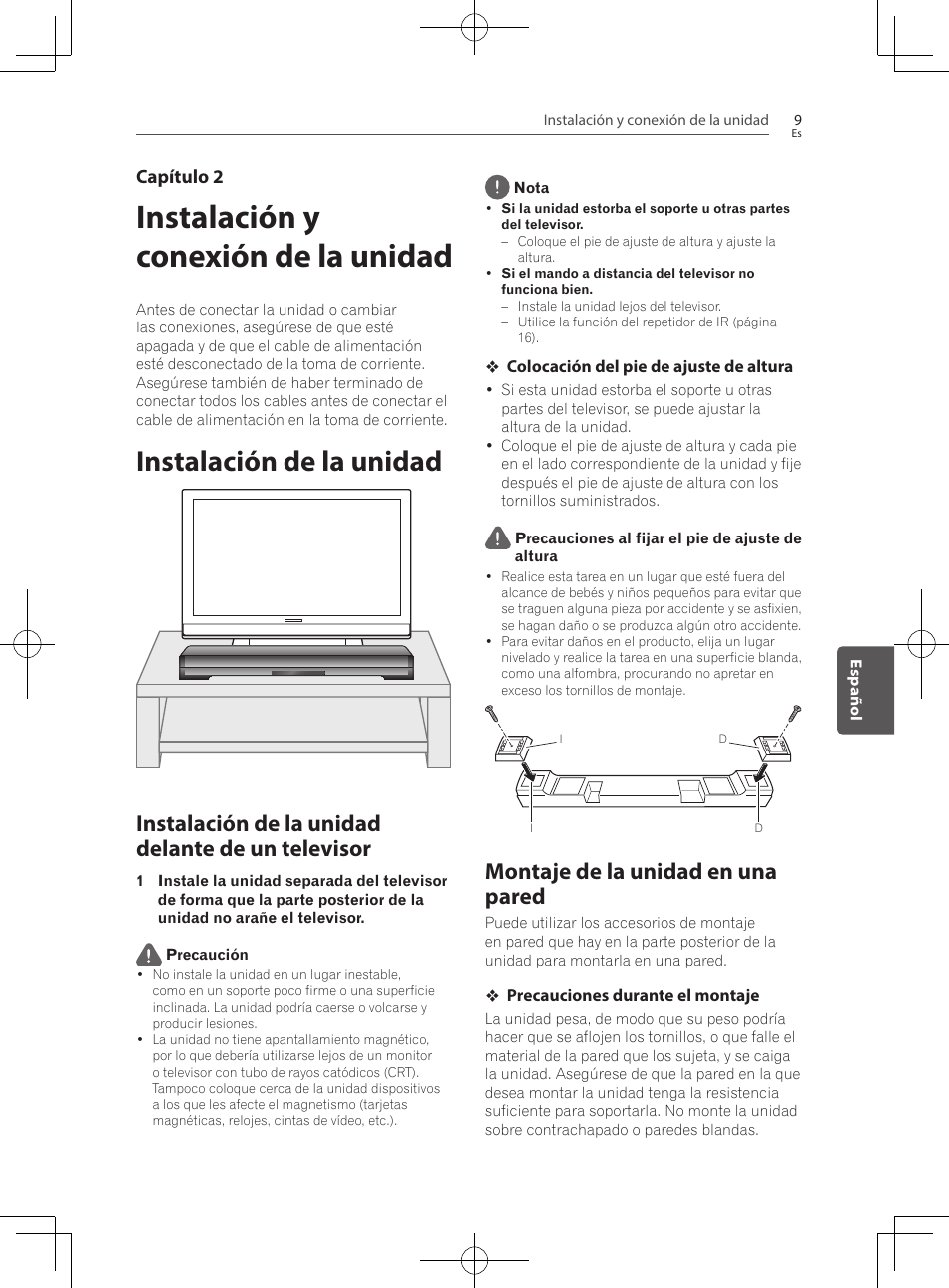 Instalación y conexión de la unidad, Instalación de la unidad, Instalación de la unidad delante de un televisor | Montaje de la unidad en una pared | Pioneer SBX-300 User Manual | Page 133 / 180