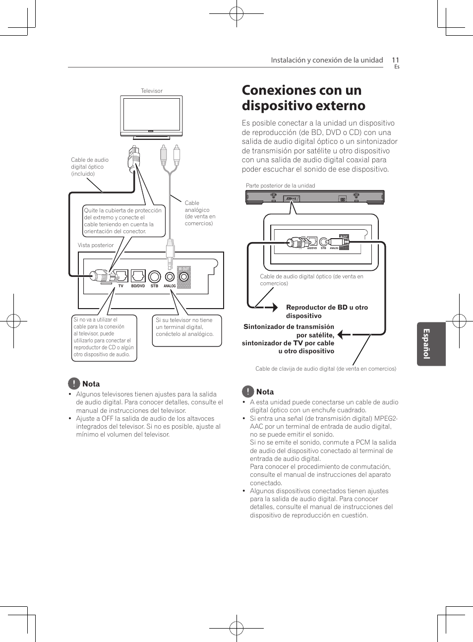 Conexiones con un dispositivo externo, Español | Pioneer SBX-300 User Manual | Page 135 / 180