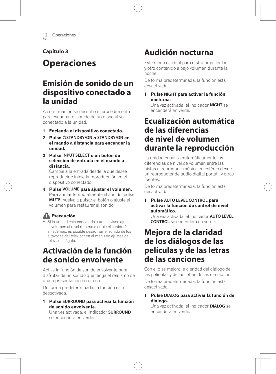 Operaciones, Activación de la función de sonido envolvente, Audición nocturna | Pioneer SBX-300 User Manual | Page 136 / 180