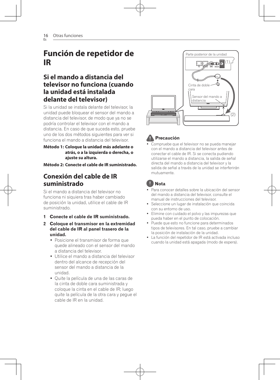 Función de repetidor de ir, Si el mando a distancia del televisor no funciona, Conexión del cable de ir suministrado | Pioneer SBX-300 User Manual | Page 140 / 180