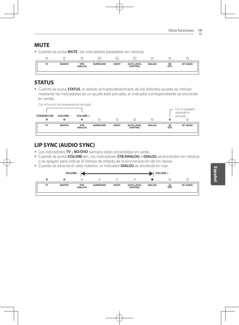 Mute, Status, Lip sync (audio sync) | Español, Otras funciones 19 | Pioneer SBX-300 User Manual | Page 143 / 180