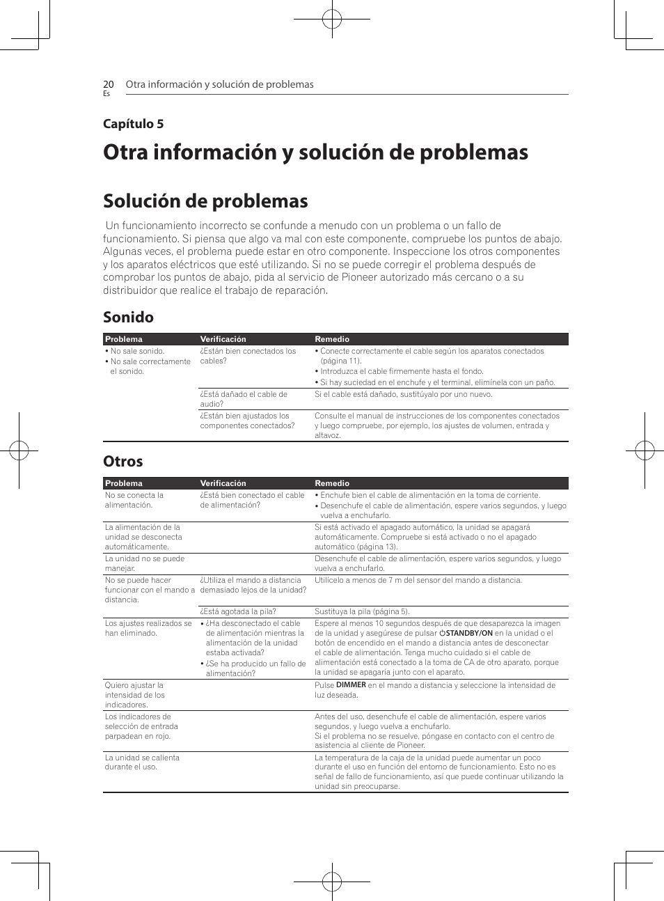 Otra información y solución de, Problemas, Solución de problemas | Sonido, Otros, Otra información y solución de problemas, Capítulo 5 | Pioneer SBX-300 User Manual | Page 144 / 180