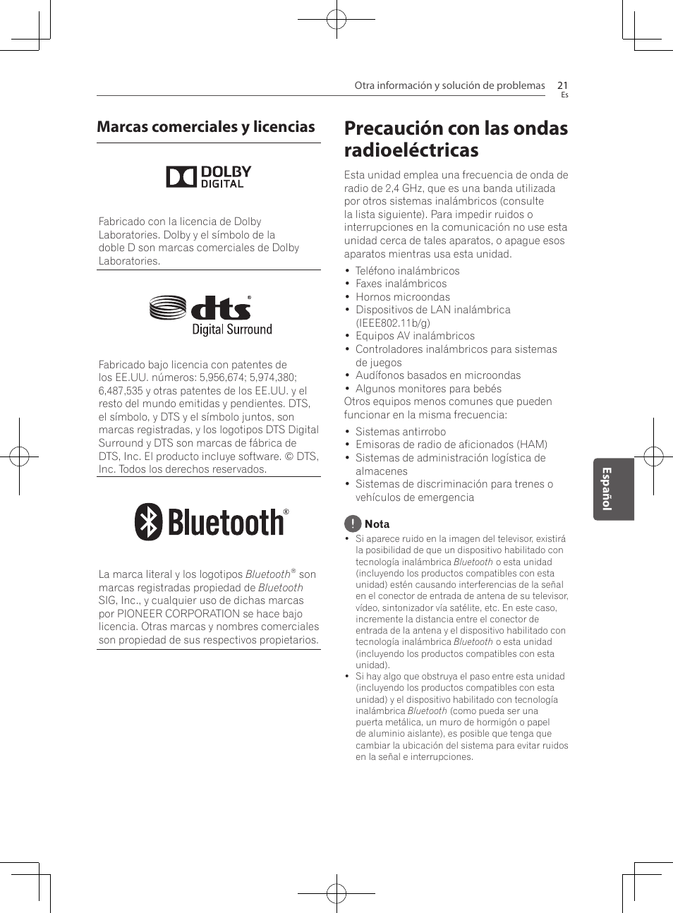 Marcas comerciales y licencias, Precaución con las ondas radioeléctricas | Pioneer SBX-300 User Manual | Page 145 / 180