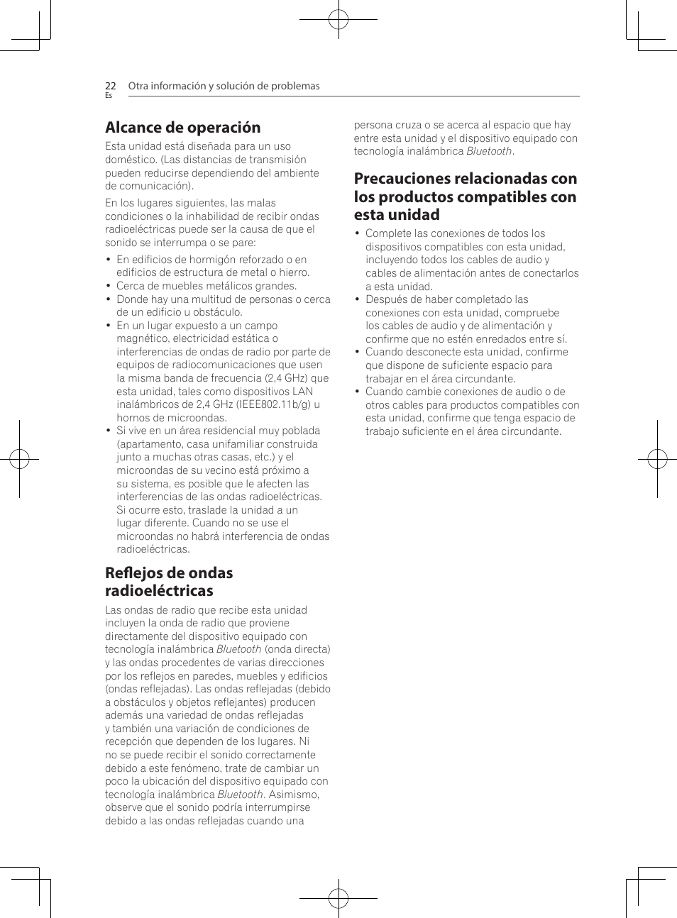 Alcance de operación, Reflejos de ondas radioeléctricas, Precauciones relacionadas con los productos | Compatibles con esta unidad | Pioneer SBX-300 User Manual | Page 146 / 180