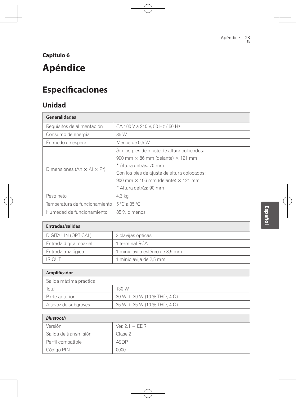 Apéndice, 23 especificaciones 23, Unidad | Especificaciones | Pioneer SBX-300 User Manual | Page 147 / 180