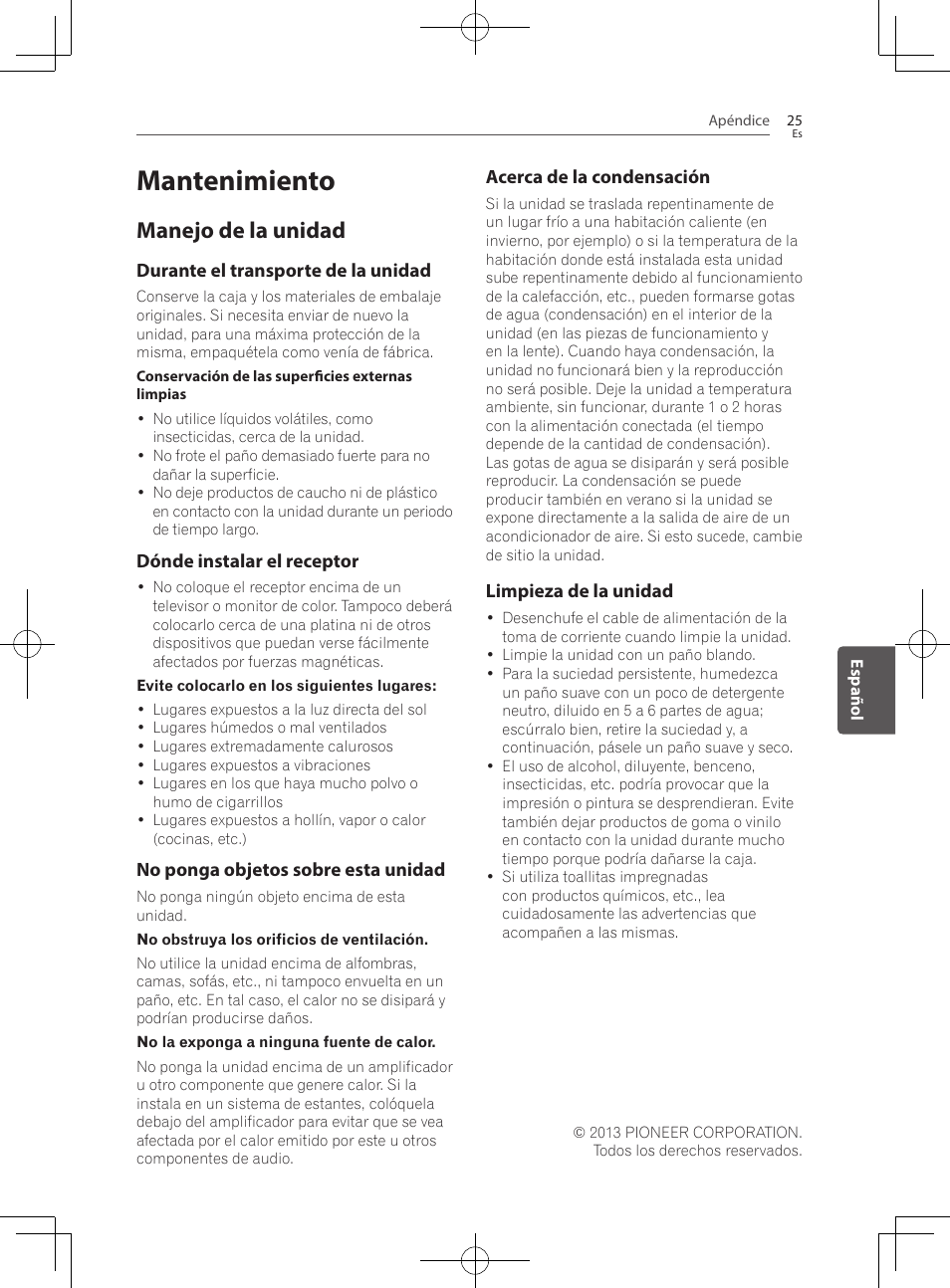 25 mantenimiento 25, Manejo de la unidad, Mantenimiento | Pioneer SBX-300 User Manual | Page 149 / 180