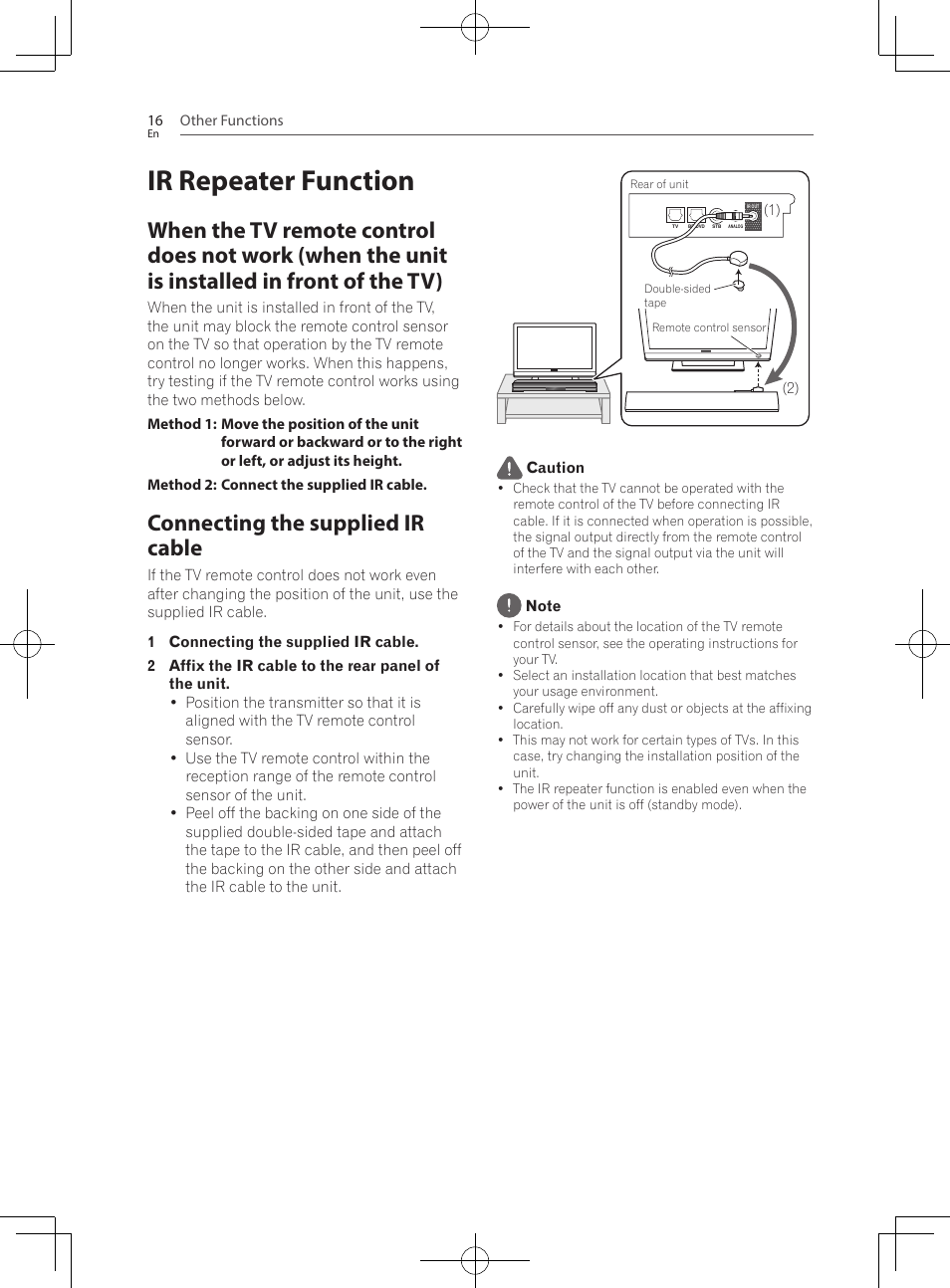 Ir repeater function, When the tv remote control does not work, When the unit is installed in front of the tv) | Connecting the supplied ir cable | Pioneer SBX-300 User Manual | Page 16 / 180