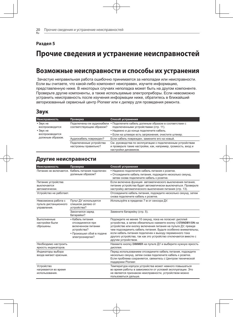 Прочие сведения и устранение, Неисправностей, Возможные неисправности и способы их устранения | Звук, Другие неисправности, Прочие сведения и устранение неисправностей, Раздел 5 | Pioneer SBX-300 User Manual | Page 168 / 180