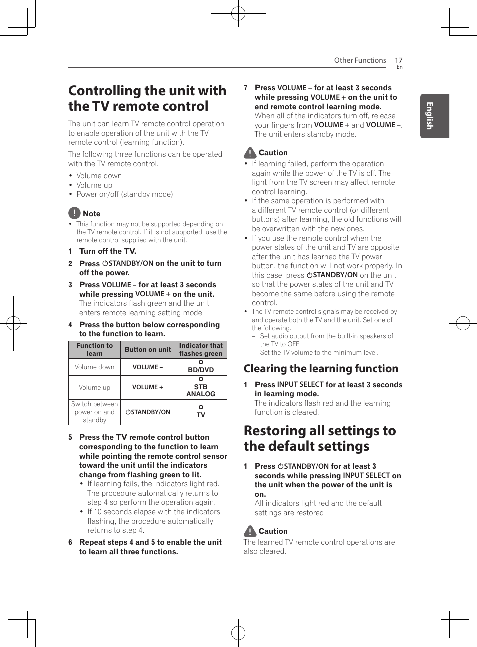 Controlling the unit with the tv remote control, Clearing the learning function, Restoring all settings to the default settings | Pioneer SBX-300 User Manual | Page 17 / 180