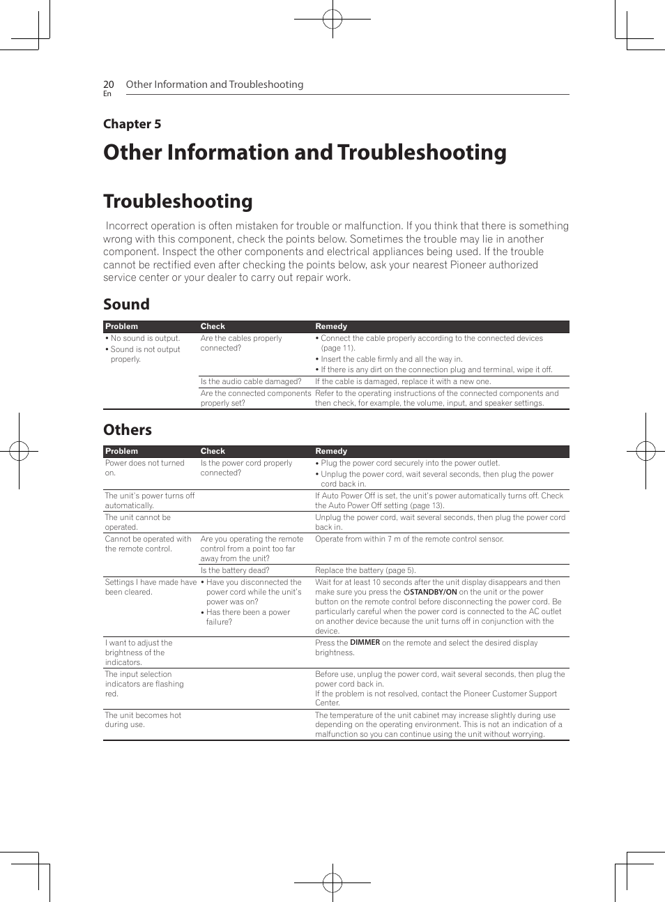 Other information and, Troubleshooting, 20 troubleshooting 20 | Sound, Others, Other information and troubleshooting, Chapter 5 | Pioneer SBX-300 User Manual | Page 20 / 180