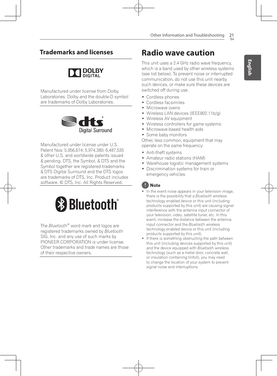 Trademarks and licenses, Radio wave caution | Pioneer SBX-300 User Manual | Page 21 / 180