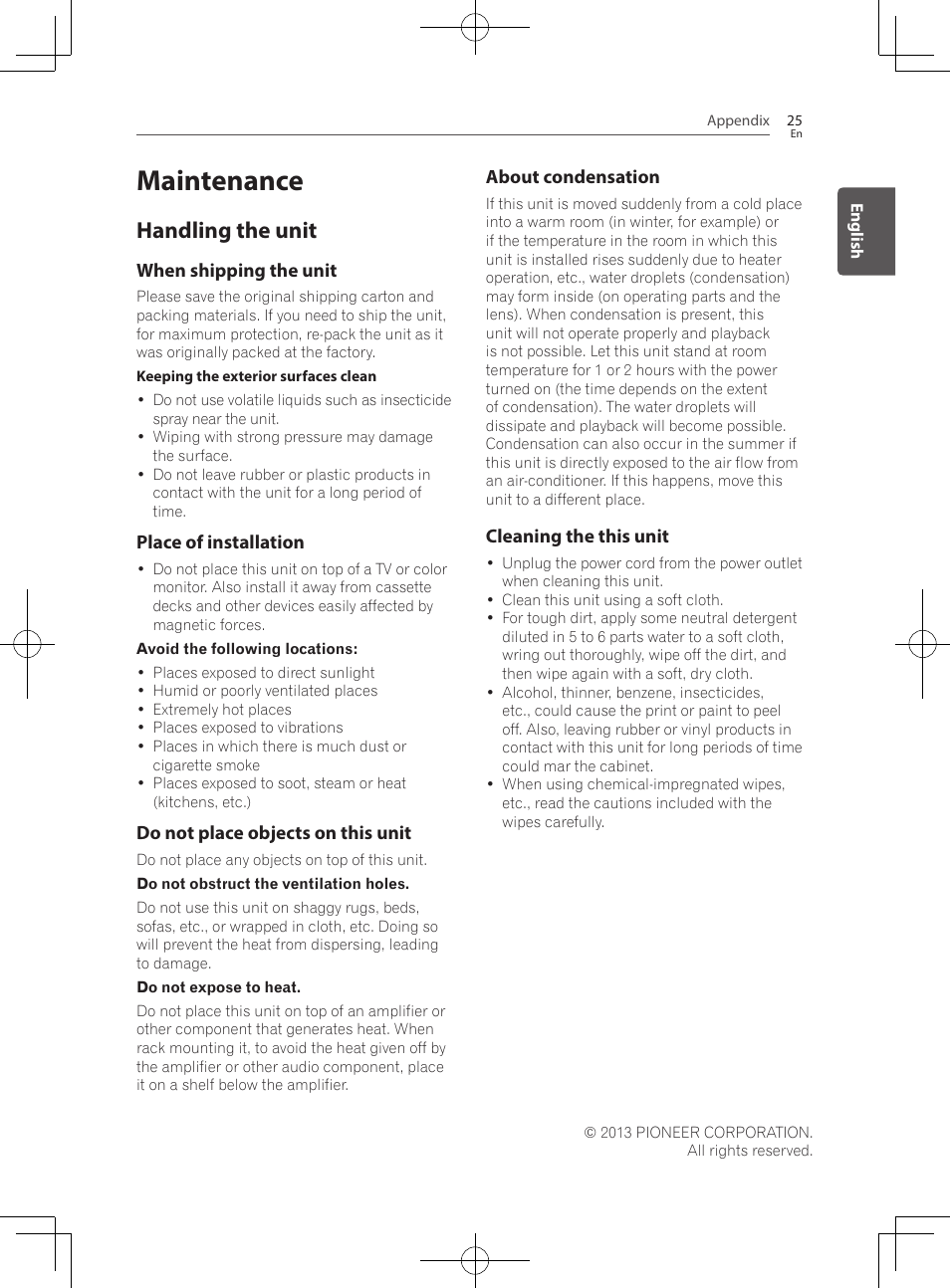 25 maintenance 25, Handling the unit, Maintenance | Pioneer SBX-300 User Manual | Page 25 / 180