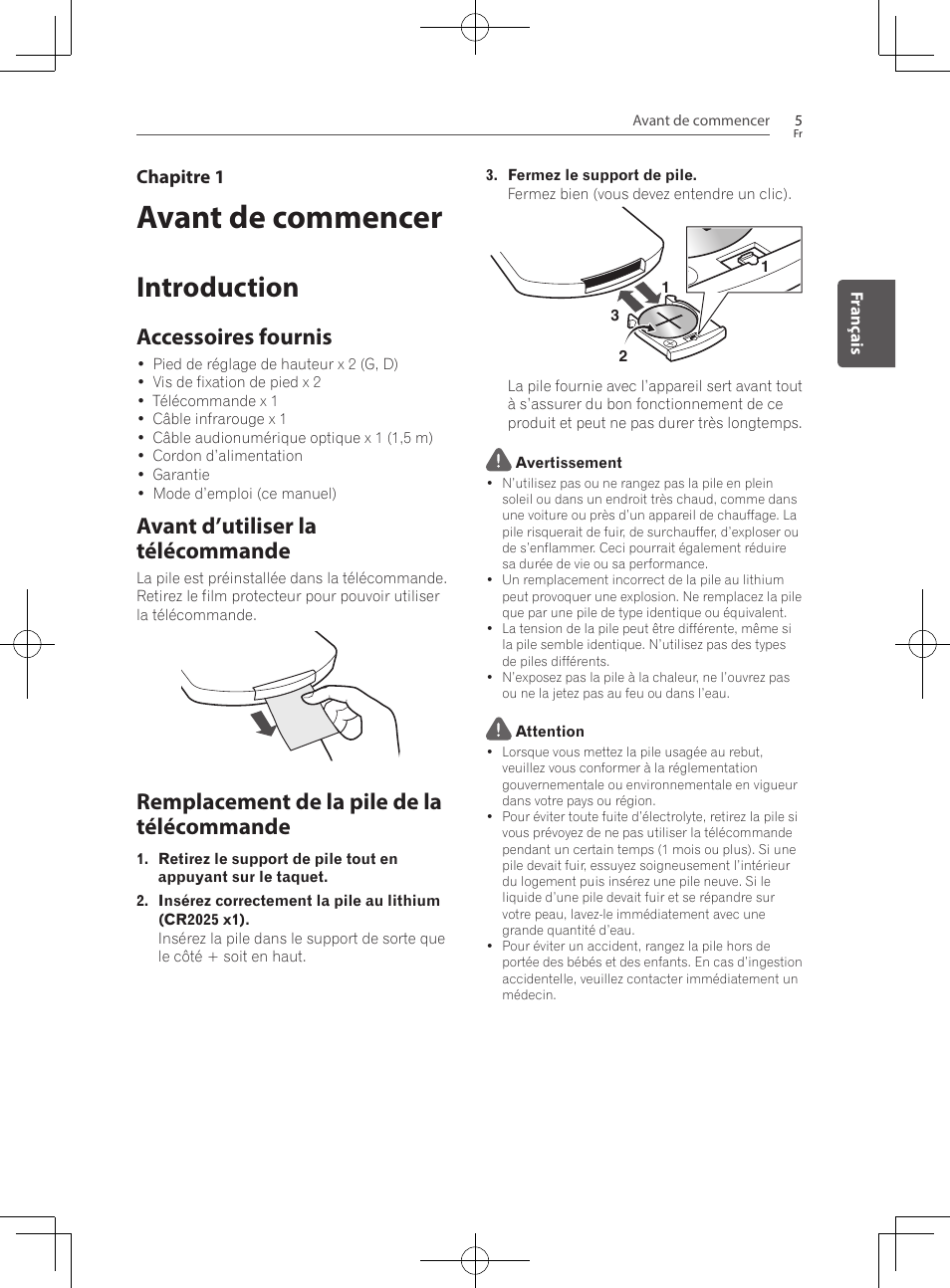 Avant de commencer, 5 introduction 5, Accessoires fournis | Avant d’utiliser la télécommande, Remplacement de la pile de la télécommande, Introduction | Pioneer SBX-300 User Manual | Page 29 / 180