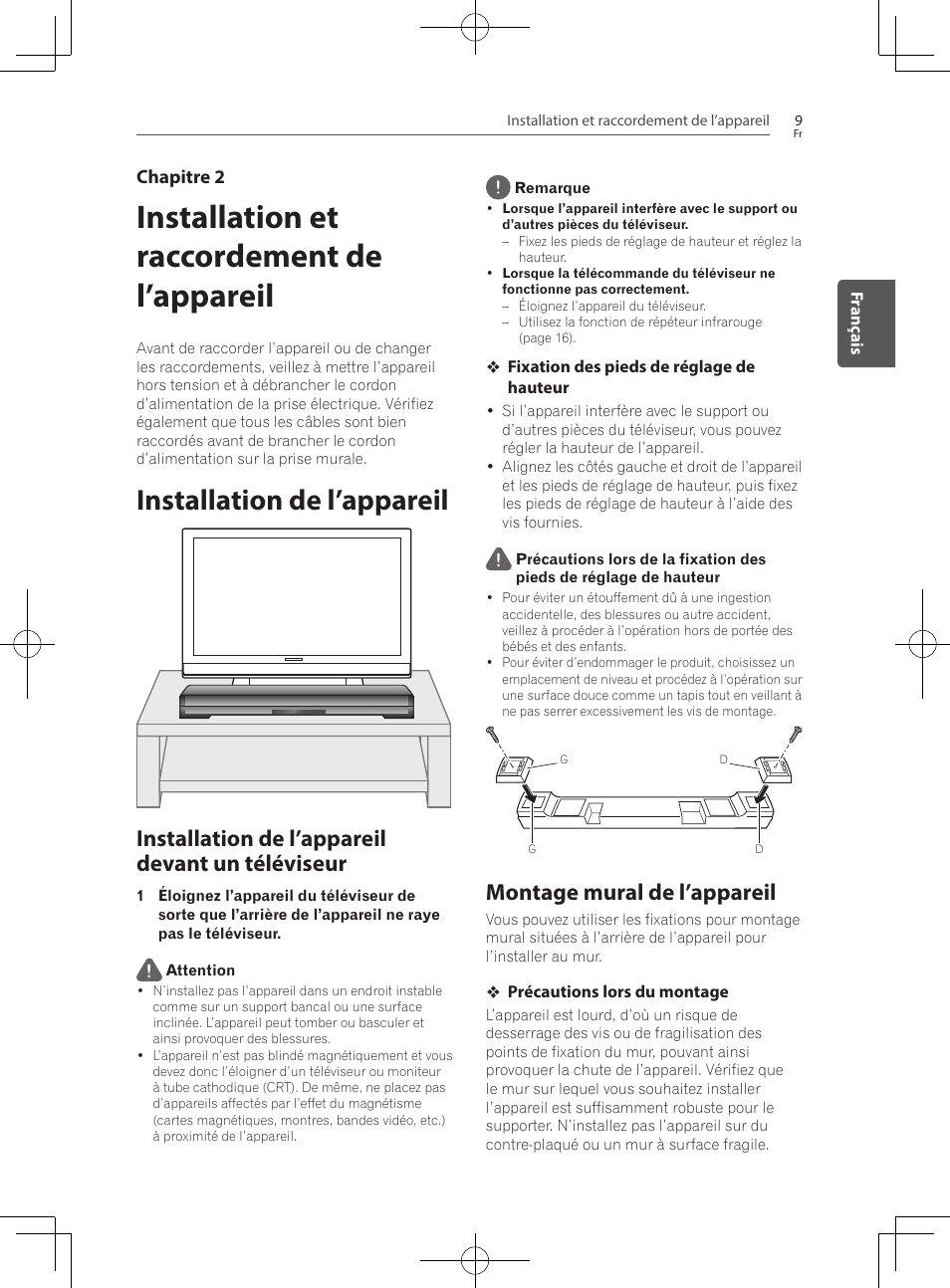 Installation et raccordement de, L’appareil, Installation de l’appareil | Installation de l’appareil devant un téléviseur, Montage mural de l’appareil, Installation et raccordement de l’appareil | Pioneer SBX-300 User Manual | Page 33 / 180