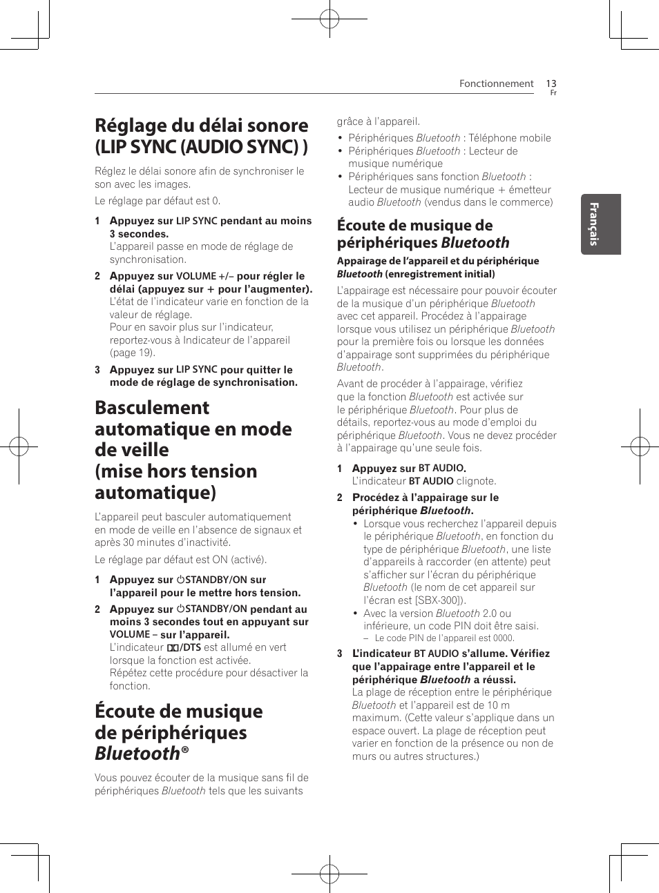 Réglage du délai sonore (lip sync (audio sync) ), Écoute de musique de périphériques bluetooth | Pioneer SBX-300 User Manual | Page 37 / 180