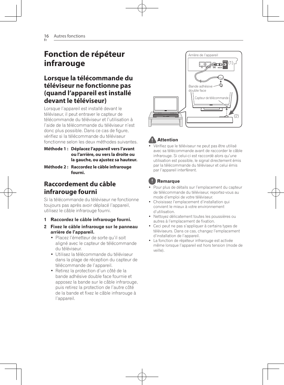 Fonction de répéteur infrarouge, Lorsque la télécommande du téléviseur ne, Raccordement du câble infrarouge fourni | Pioneer SBX-300 User Manual | Page 40 / 180