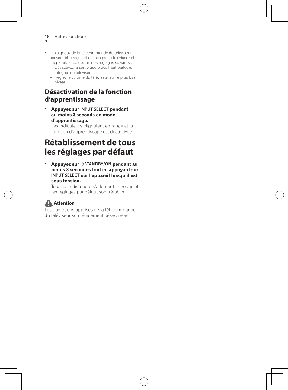 Désactivation de la fonction d’apprentissage, Rétablissement de tous les réglages par défaut | Pioneer SBX-300 User Manual | Page 42 / 180