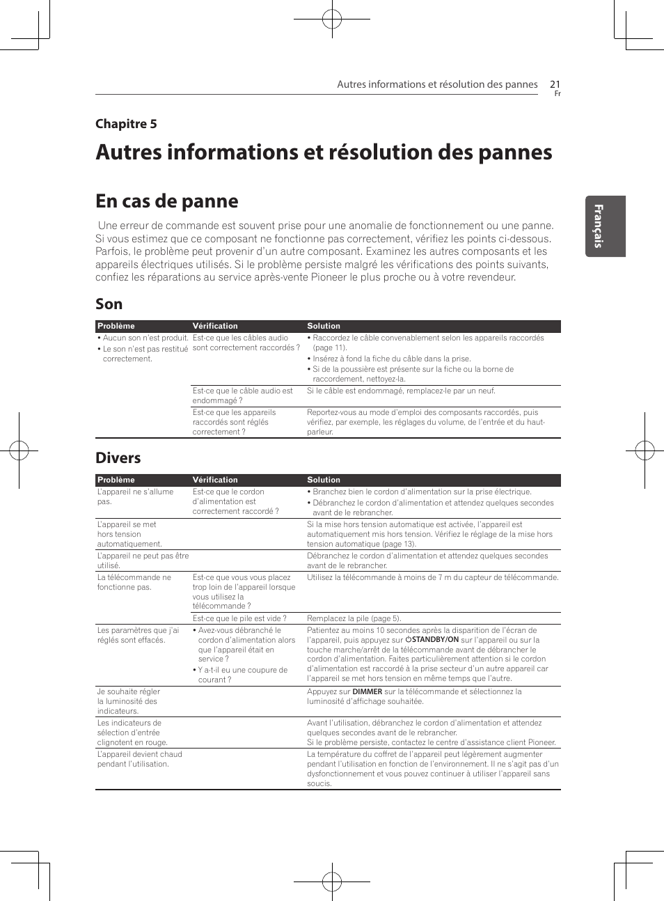 Autres informations et résolution, Des pannes, En cas de panne | Divers, Autres informations et résolution des pannes, Chapitre 5, Fr anç ais | Pioneer SBX-300 User Manual | Page 45 / 180