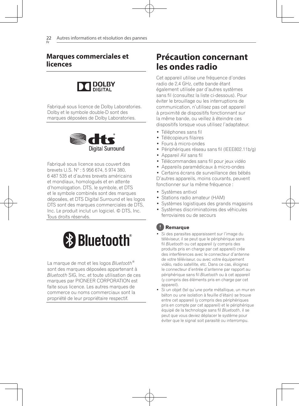 Marques commerciales et licences, Précaution concernant les ondes radio | Pioneer SBX-300 User Manual | Page 46 / 180