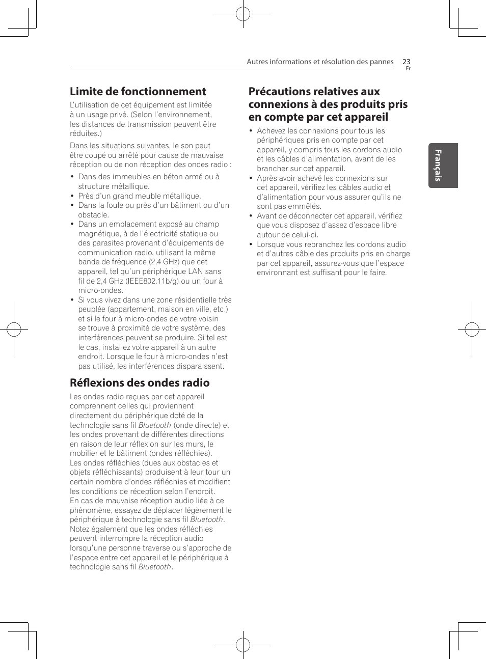 Limite de fonctionnement, Réflexions des ondes radio, Précautions relatives aux connexions à des | Produits pris en compte par cet appareil | Pioneer SBX-300 User Manual | Page 47 / 180