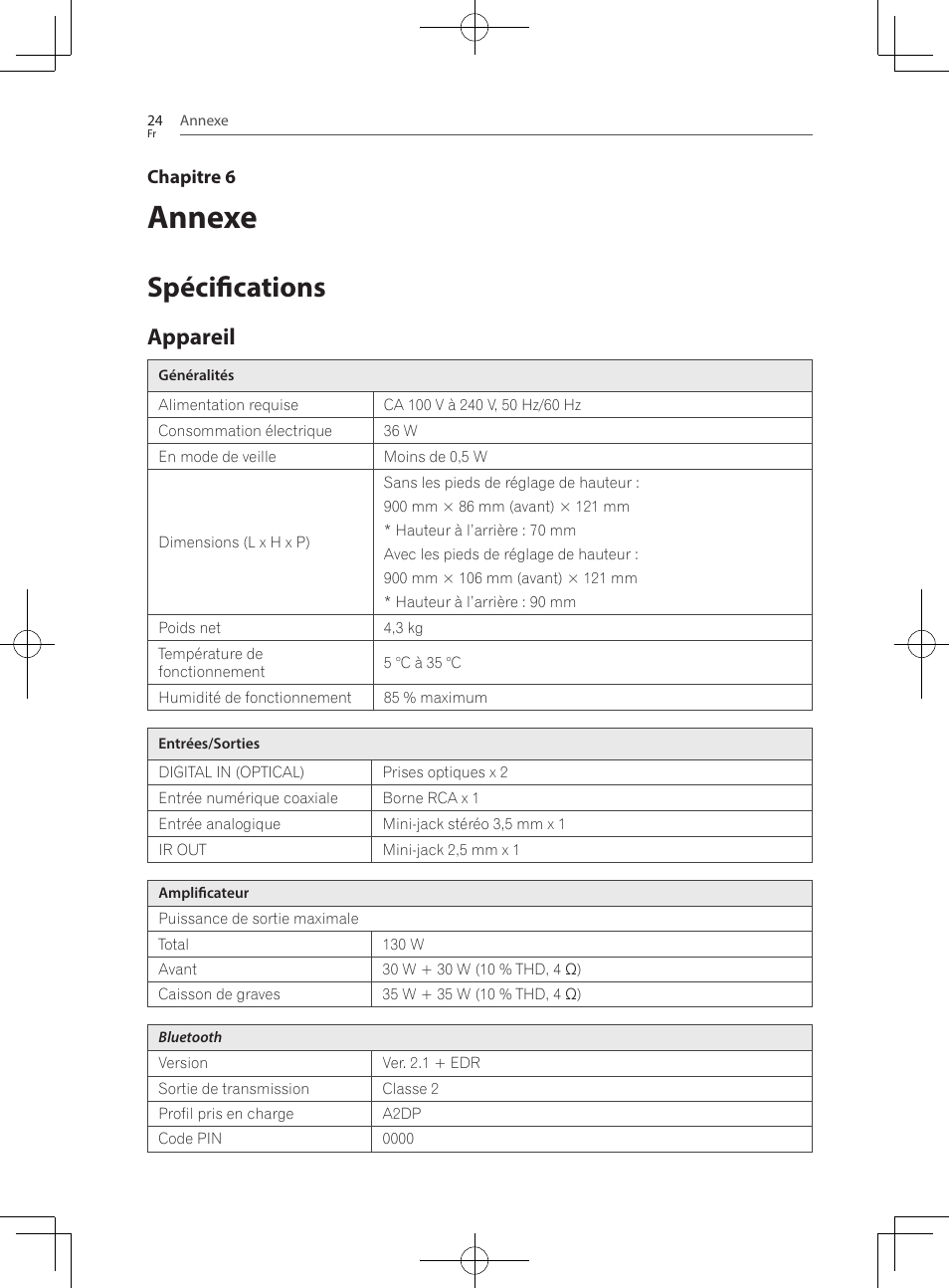 Annexe, 24 spécifications 24, Appareil | Spécifications | Pioneer SBX-300 User Manual | Page 48 / 180