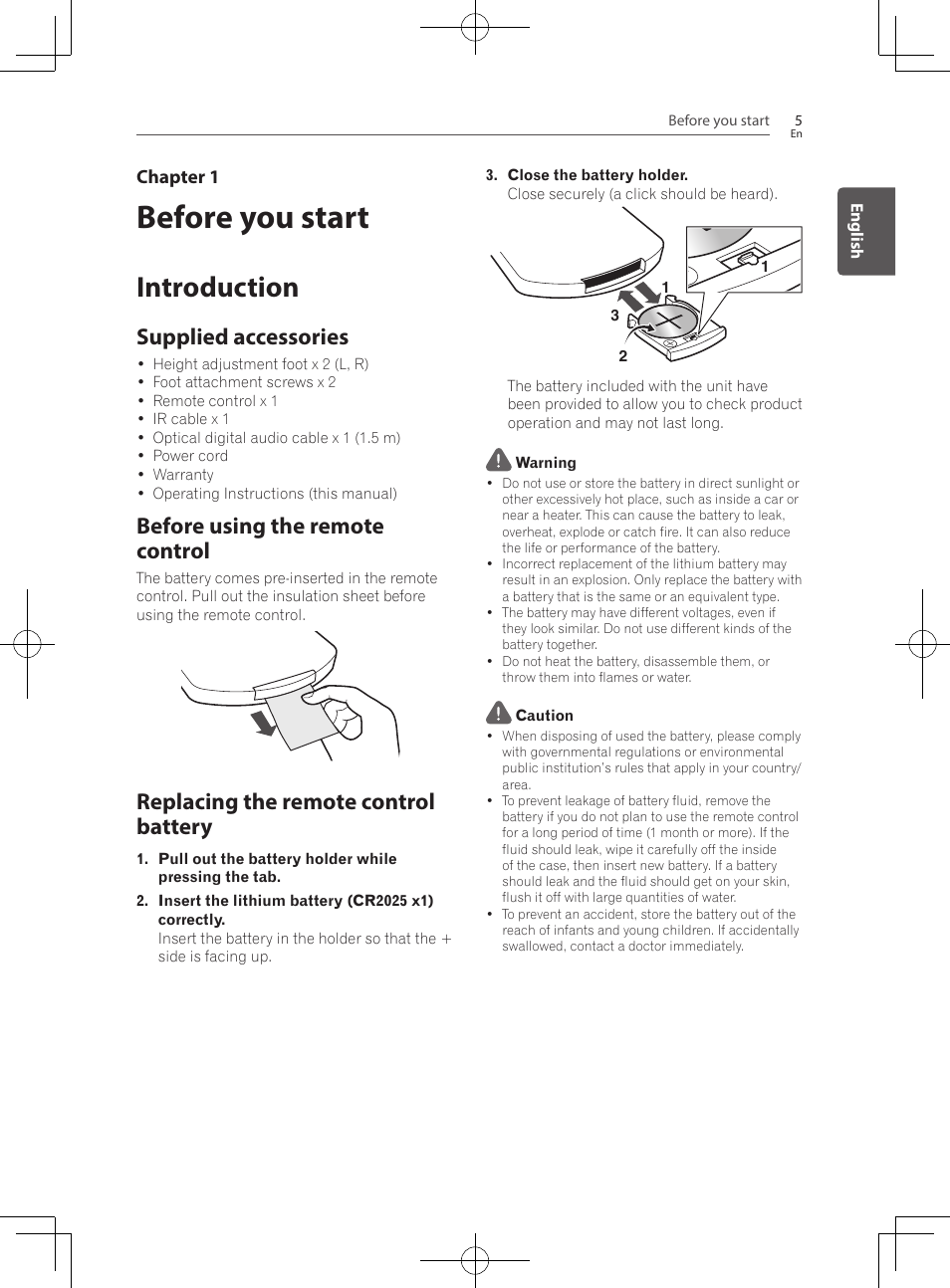 Before you start, 5 introduction 5, Supplied accessories | Before using the remote control, Replacing the remote control battery, Introduction | Pioneer SBX-300 User Manual | Page 5 / 180