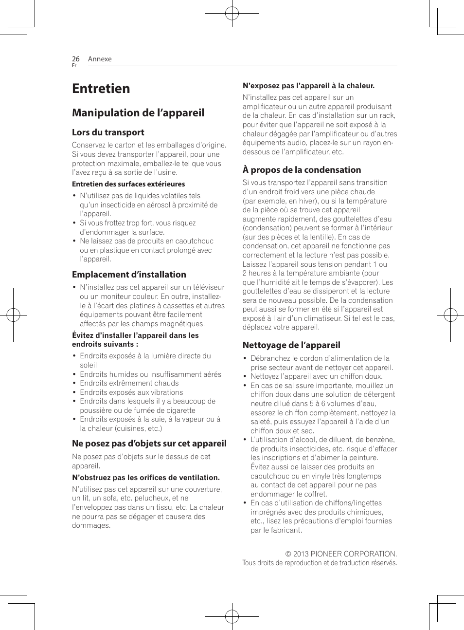 26 entretien 26, Manipulation de l’appareil, Entretien | Pioneer SBX-300 User Manual | Page 50 / 180