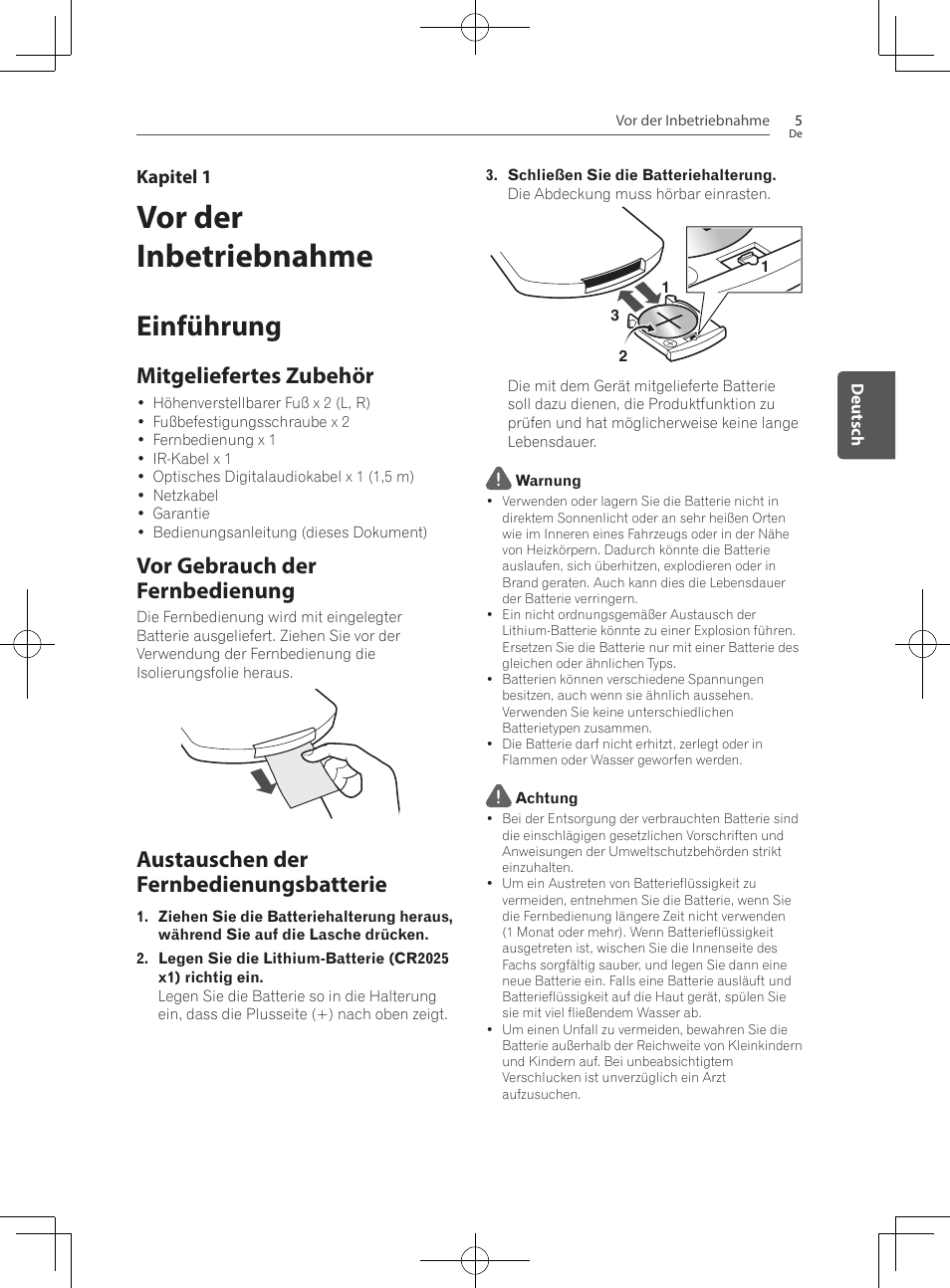 Vor der inbetriebnahme, 5 einführung 5, Mitgeliefertes zubehör | Vor gebrauch der fernbedienung, Austauschen der fernbedienungsbatterie, Einführung | Pioneer SBX-300 User Manual | Page 55 / 180