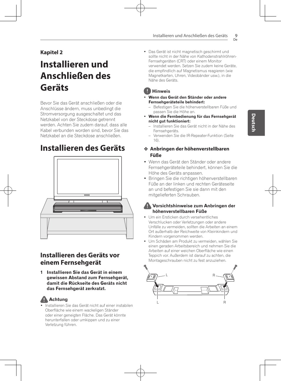 Installieren und anschließen des, Geräts, Installieren des geräts | Installieren des geräts vor einem fernsehgerät, Installieren und anschließen des geräts | Pioneer SBX-300 User Manual | Page 59 / 180