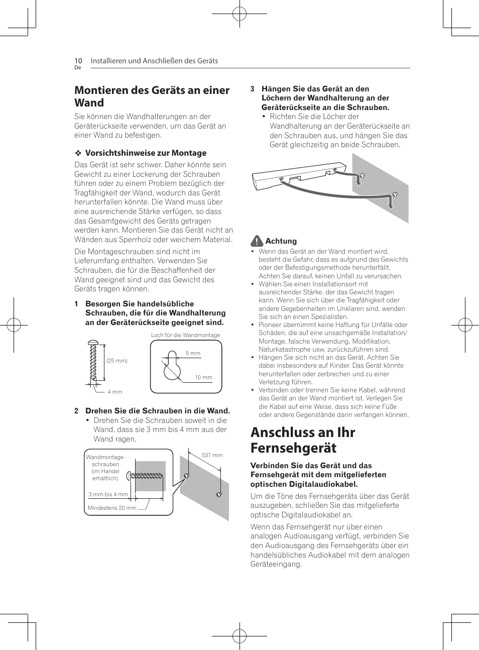 Montieren des geräts an einer wand, Anschluss an ihr fernsehgerät | Pioneer SBX-300 User Manual | Page 60 / 180