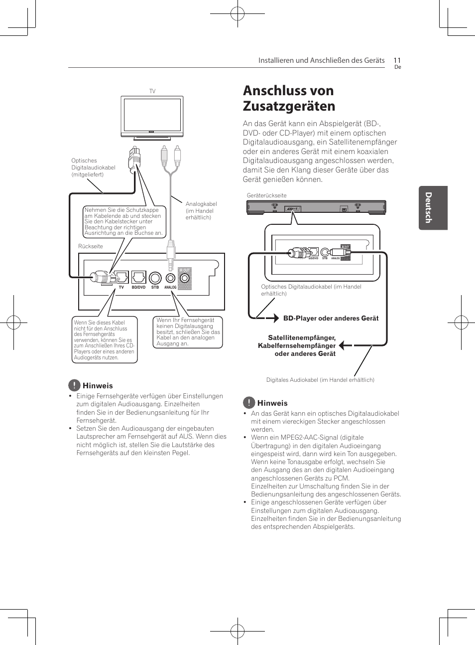 Anschluss von zusatzgeräten, Deutsch | Pioneer SBX-300 User Manual | Page 61 / 180